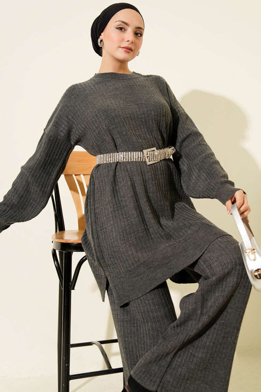 طقم تريكو أساسي مضلع مكون من قطعتين باللون الدخاني