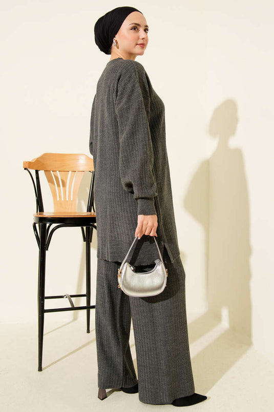 Basic Ribbed Knitwear Two Piece Set in Smoke