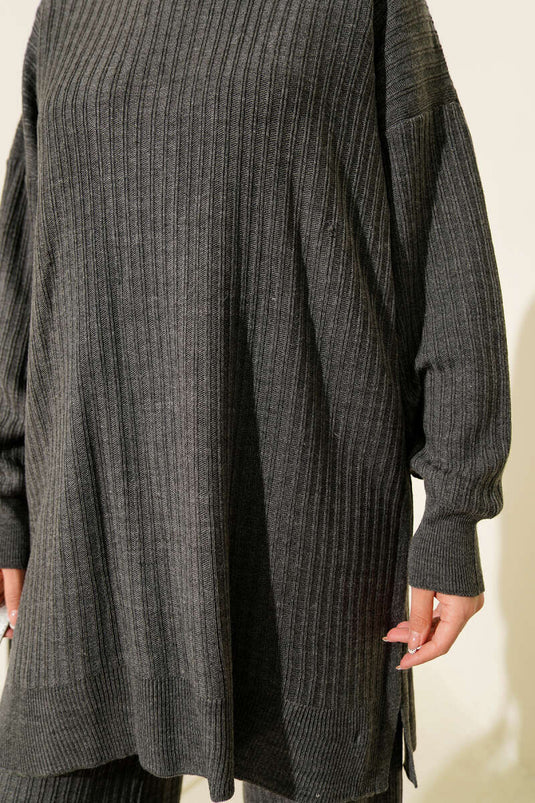 طقم تريكو أساسي مضلع مكون من قطعتين باللون الدخاني