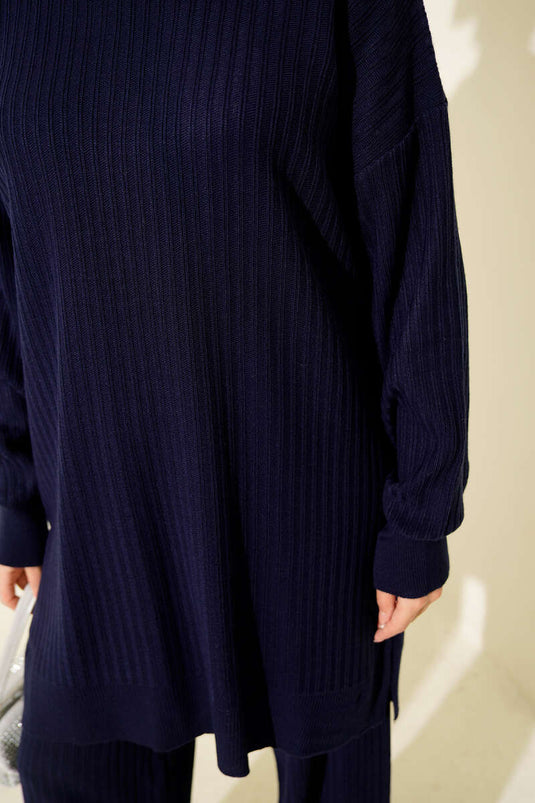 Basic Ribbed Knitwear Two Piece Suit Navy Blue