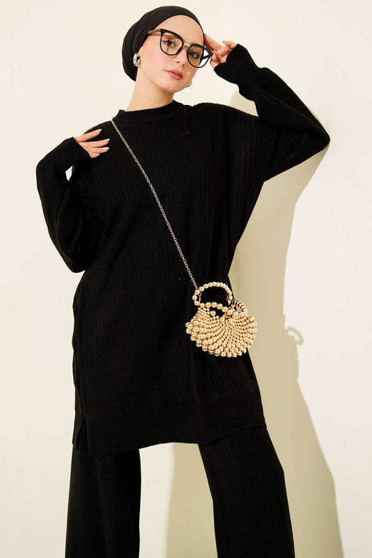 Basic Ribbed Knitwear Two Piece Set Black