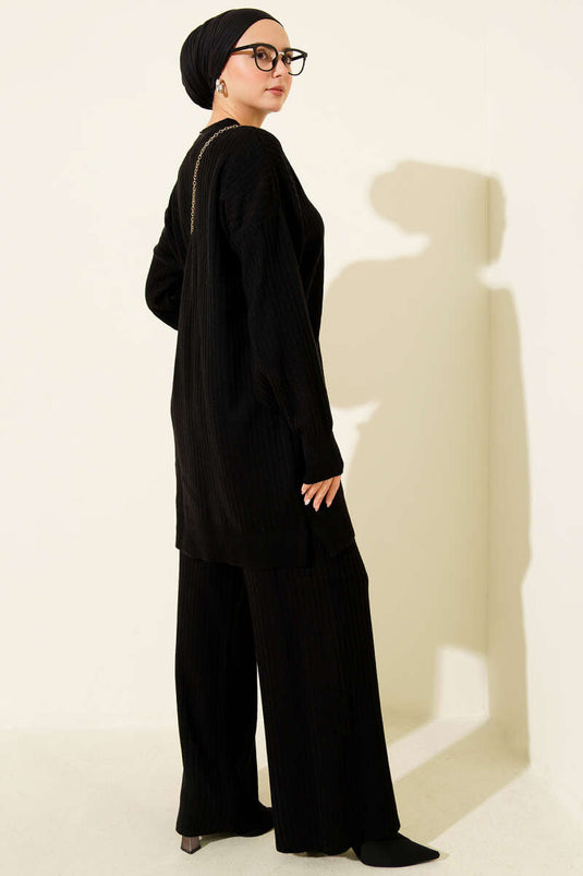 Basic Ribbed Knitwear Two Piece Set Black