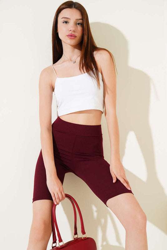 Ribbed Elastic Waist Short Leggings Burgundy