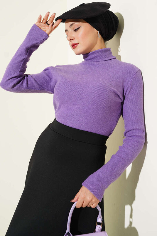Ribbed Turtleneck Bodysuit in Purple