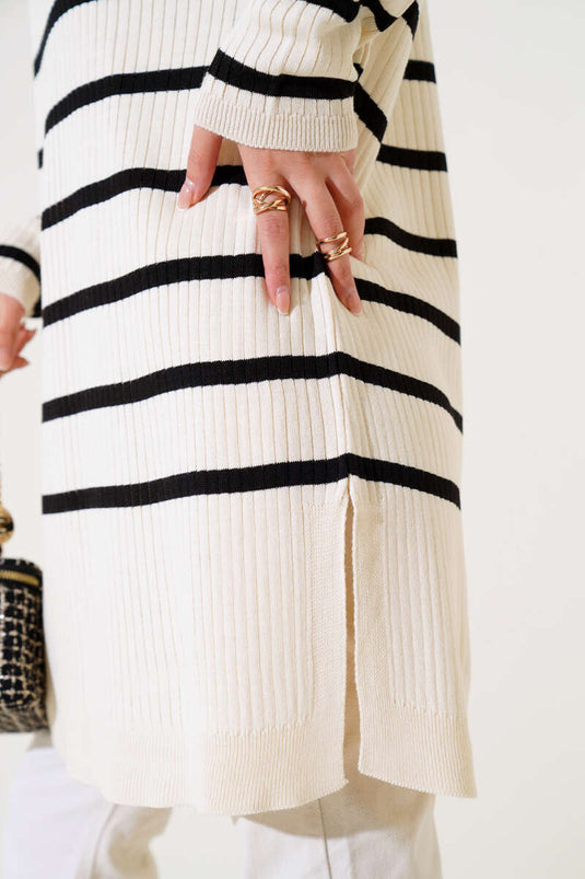 Fitilli Çizgili Salaş Triko Tunik Bej