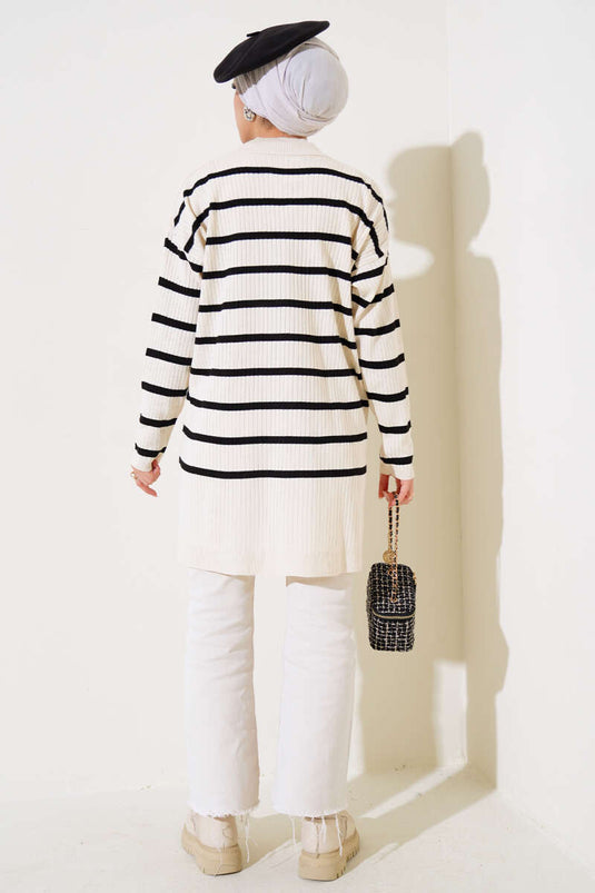 Fitilli Çizgili Salaş Triko Tunik Bej