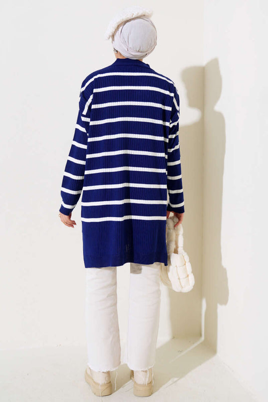 Fitilli Çizgili Salaş Triko Tunik Lacivert