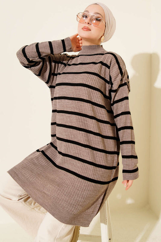 Fitilli Çizgili Salaş Triko Tunik Vizon