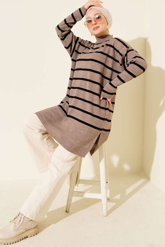 Tunique rayée en maille lâche, couleur vison
