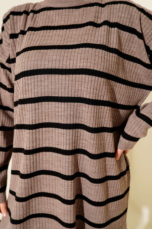 Fitilli Çizgili Salaş Triko Tunik Vizon