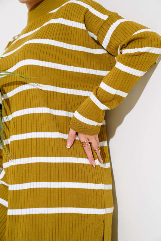 Fitilli Çizgili Salaş Triko Tunik Yağ Yeşili