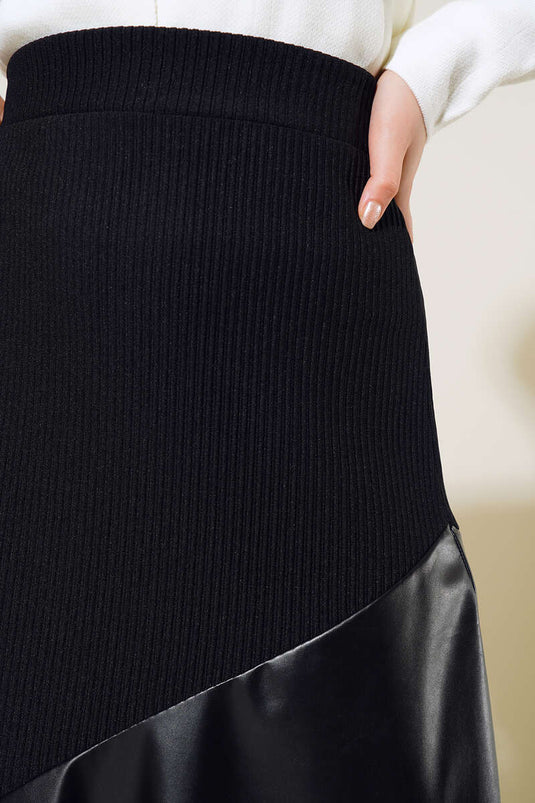 Black Skirt with Fringed Leather Trim