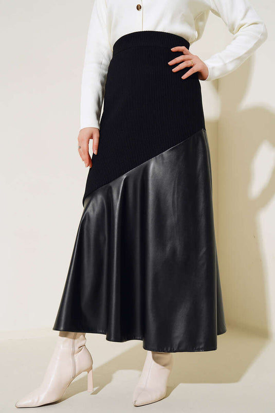 Black Skirt with Fringed Leather Trim
