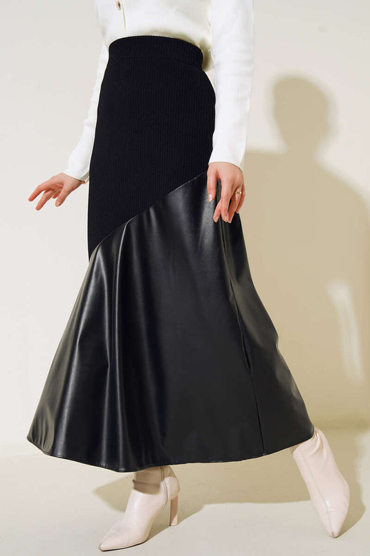 Fitilli Deri Garnili Etek Siyah