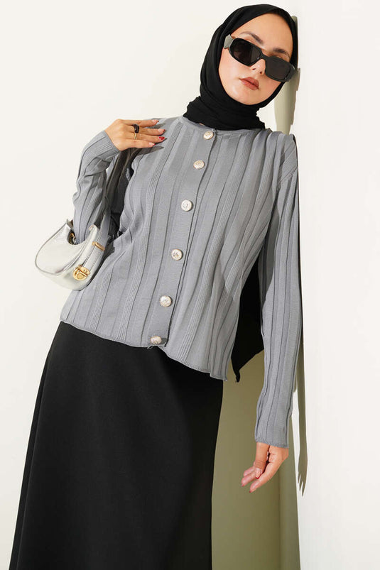 Geribbeld geknoopt gebreid vest grijs