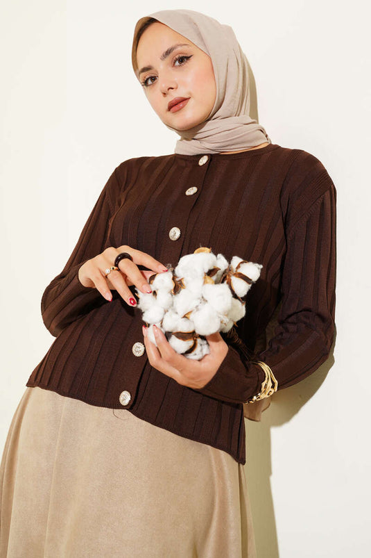 Ribbed Buttoned Knit Cardigan Brown
