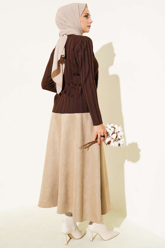 Ribbed Buttoned Knit Cardigan Brown