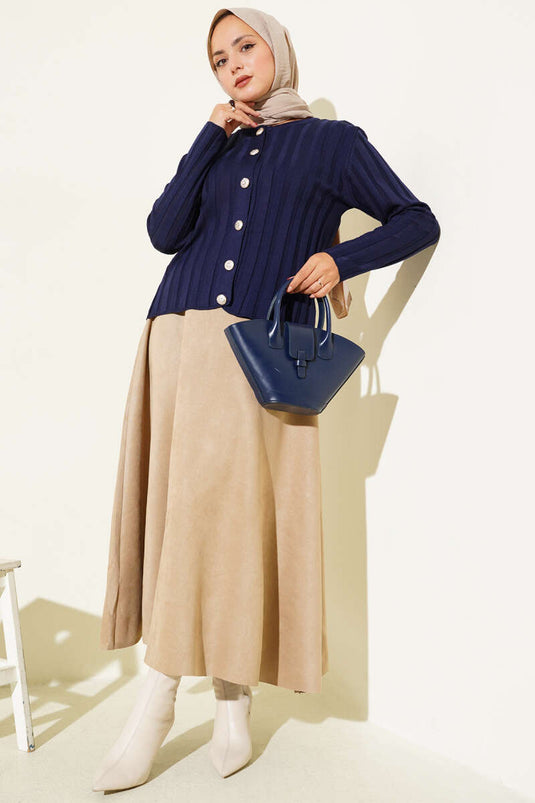 Ribbed Buttoned Knit Cardigan Navy Blue