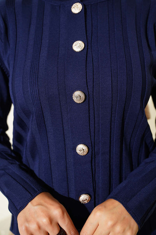 Ribbed Buttoned Knit Cardigan Navy Blue