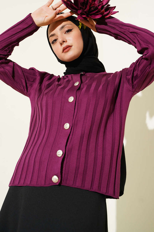 Corduroy gebreide cardigan met knopen in pruimkleur