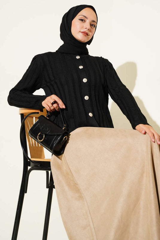 Geribbeld, geknoopt gebreid vest zwart