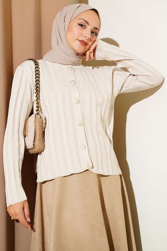 Geribbeld geknoopt gebreid vest steen