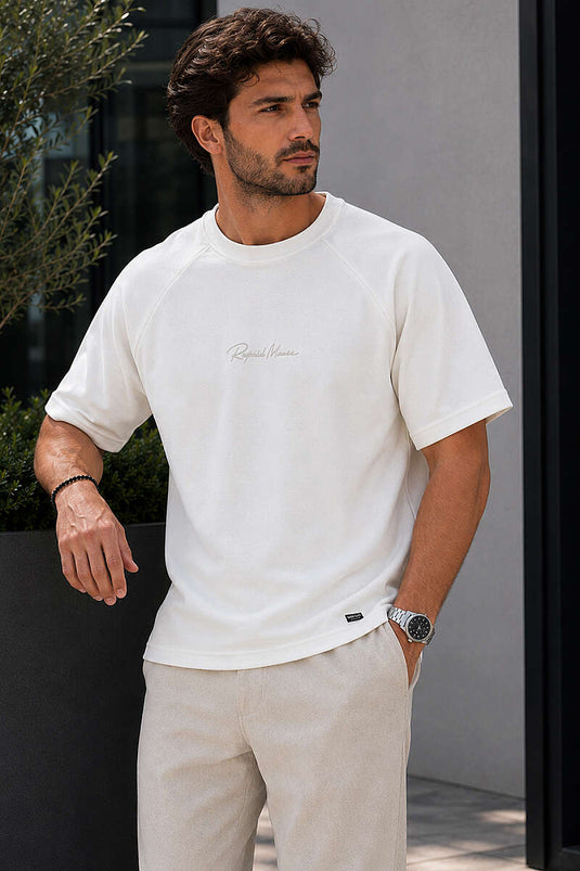 Fitilli Enjeksiyon Baskılı Erkek T-shirt Ekru