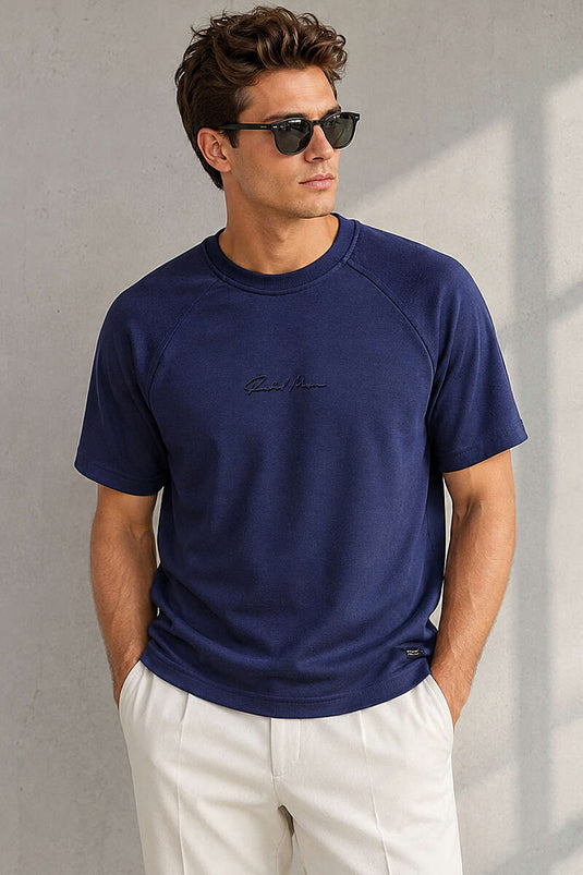 Fitilli Enjeksiyon Baskılı Erkek T-shirt Lacivert