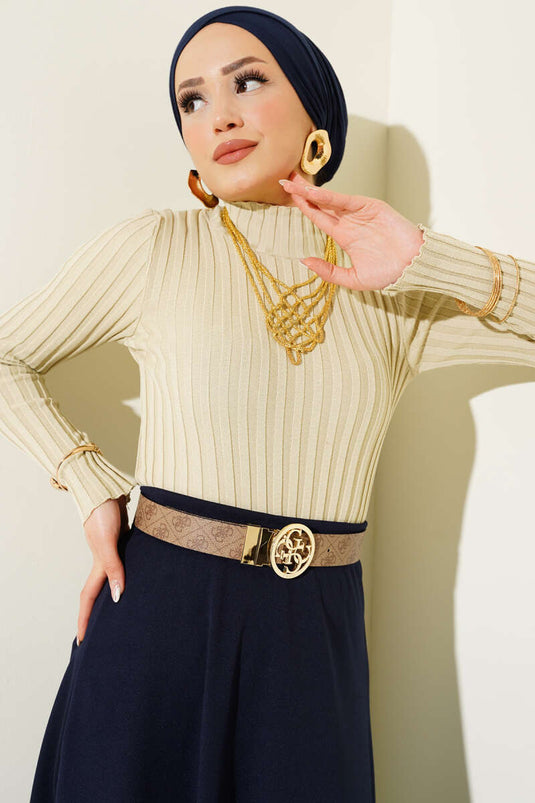 Elastic Ribbed Knit Sweater Beige