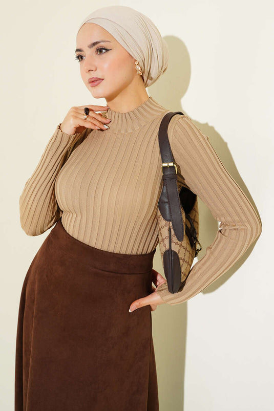 Elastic Ribbed Knit Sweater Camel