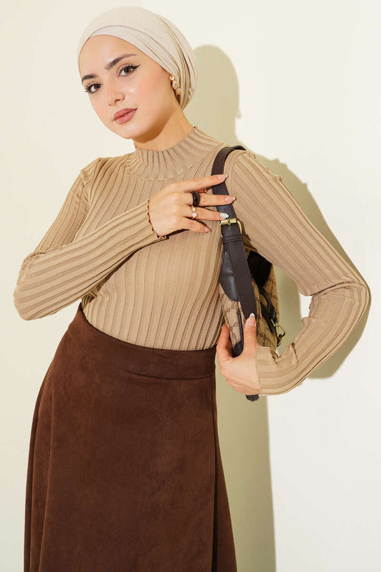 Elastic Ribbed Knit Sweater Camel