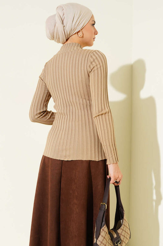 Elastic Ribbed Knit Sweater Camel