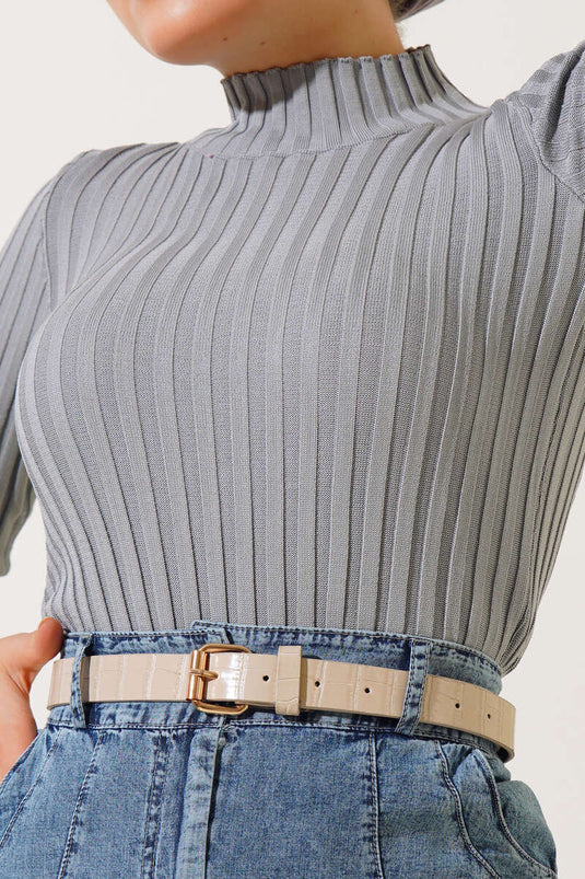 Pull En Maille Extensible Côtelé Gris