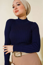 Pull En Maille Extensible Bleu Marine