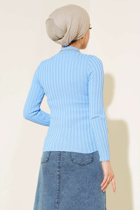 Elastic Ribbed Knit Sweater Blue