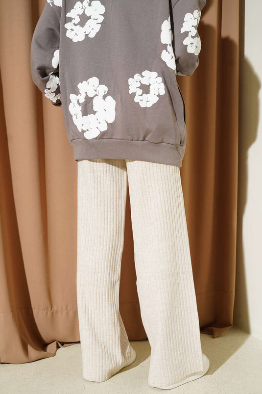 Fitilli Geniş Paça Triko Pantolon Bej