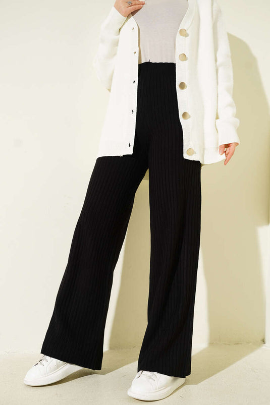 Fitilli Geniş Paça Triko Pantolon Siyah