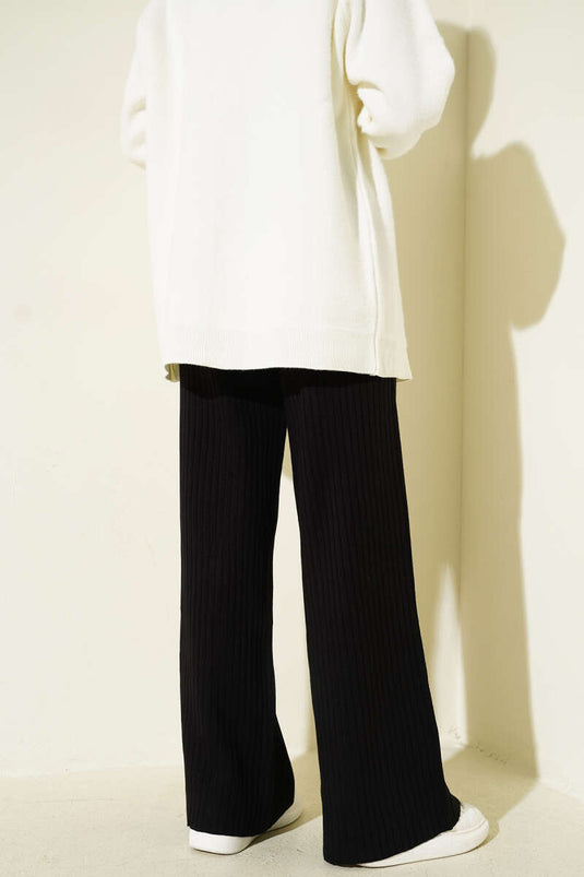 Fitilli Geniş Paça Triko Pantolon Siyah