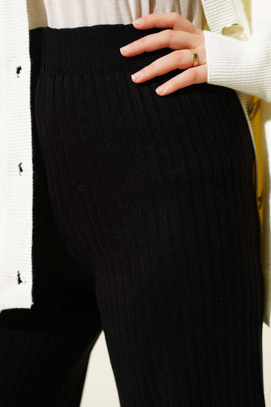 Fitilli Geniş Paça Triko Pantolon Siyah