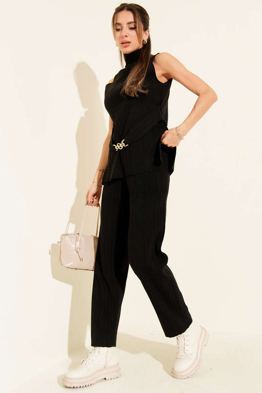 Fitilli Gold Broş Detaylı Triko İkili Takım Siyah