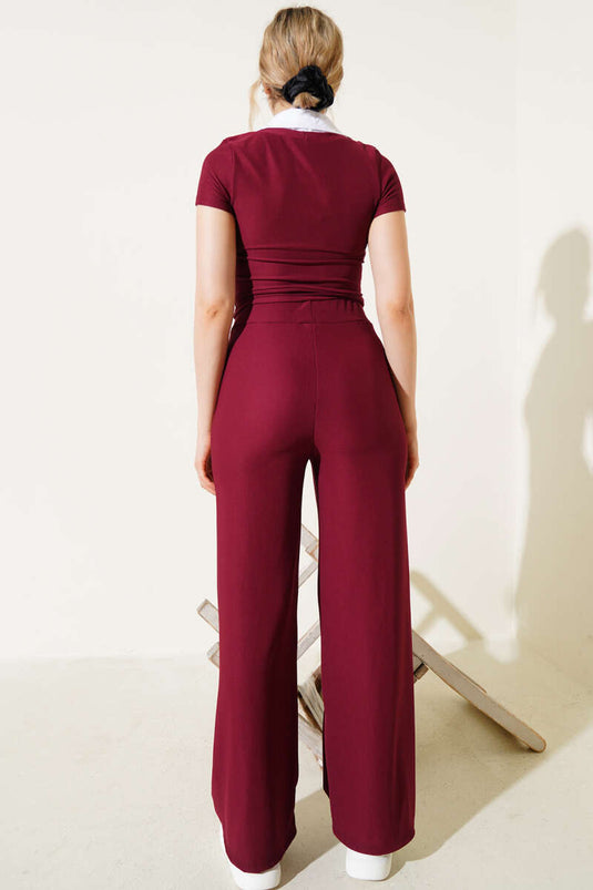 Corduroy Shirt Garnished Two-Piece Suit Burgundy