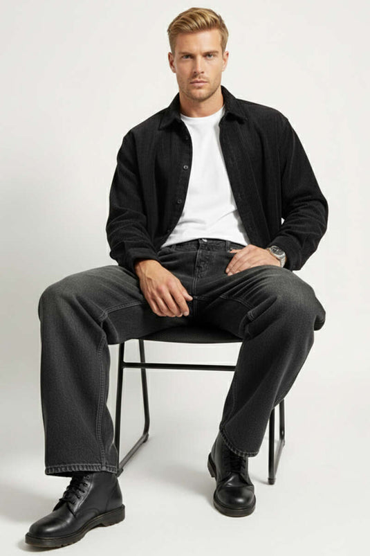 Fitilli Kadife Erkek Gömlek Siyah