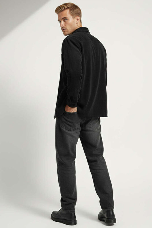 Fitilli Kadife Erkek Gömlek Siyah