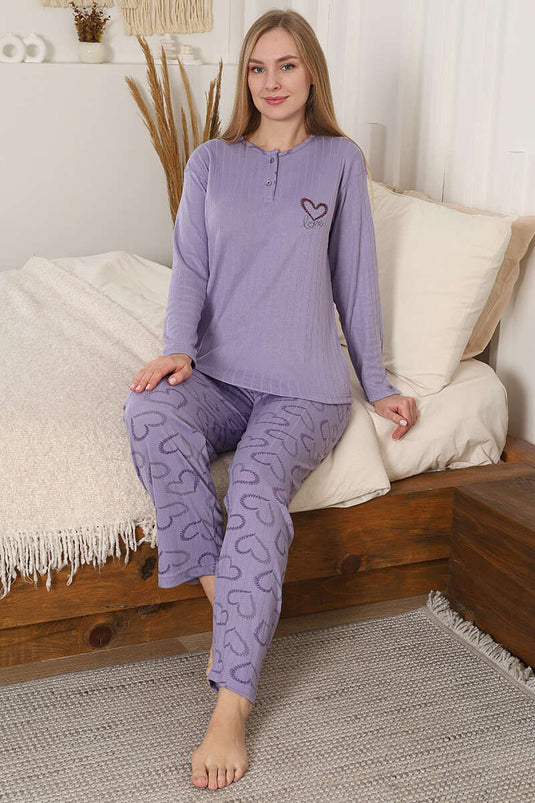 Ribbed Heart Embroidered Long Sleeve Pajama Set Lilac