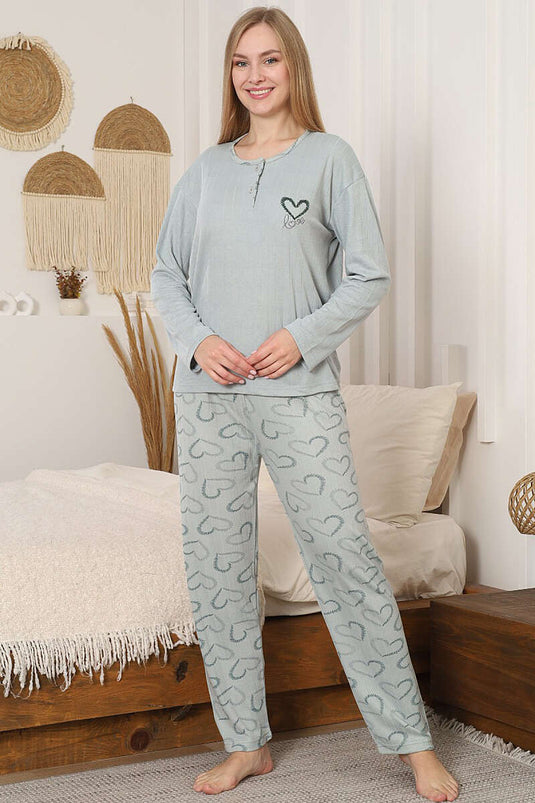 Fitilli Kalp Nakışlı Uzun Kol Pijama Takımı Mint