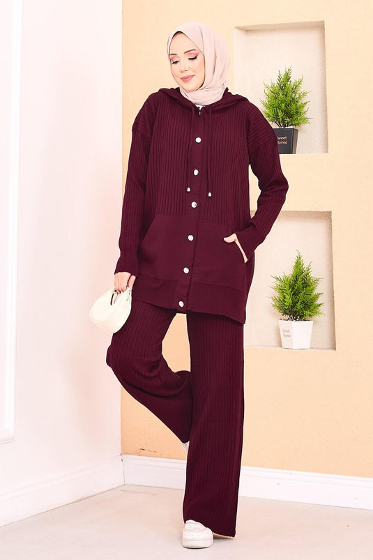 Ribbed Hooded Pocket Knitwear Hijab Suit Claret Red