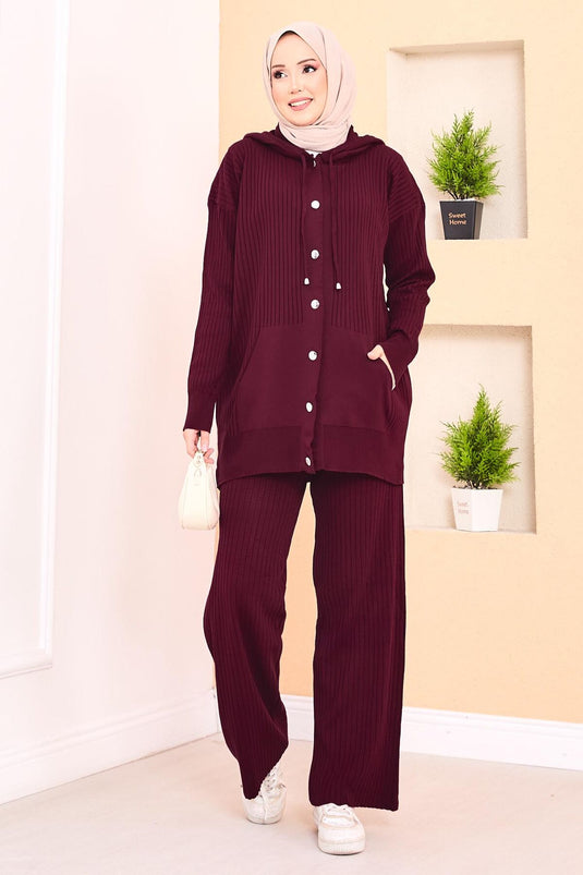 Ribbed Hooded Pocket Knitwear Hijab Suit Claret Red