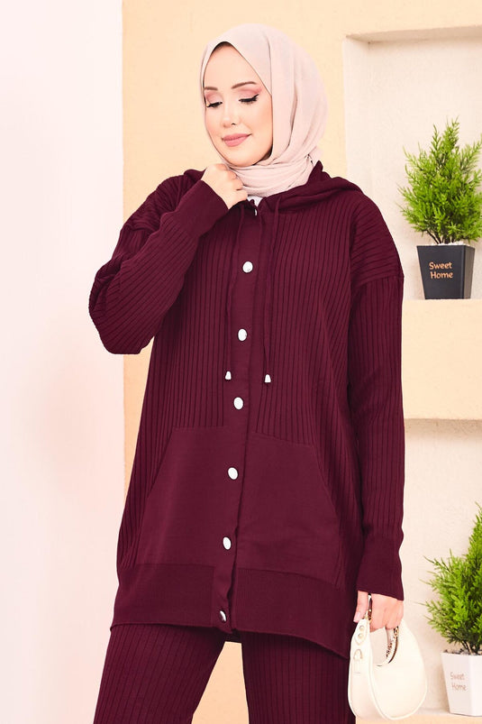 Ribbed Hooded Pocket Knitwear Hijab Suit Claret Red