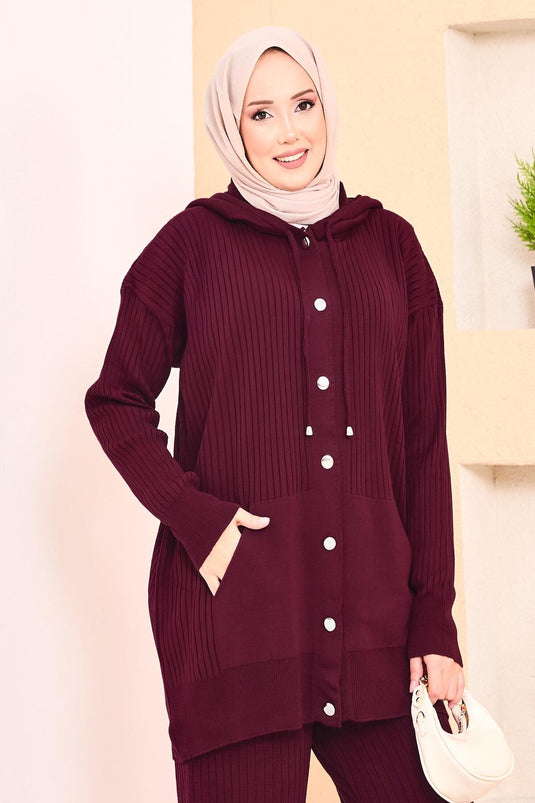 Ribbed Hooded Pocket Knitwear Hijab Suit Claret Red