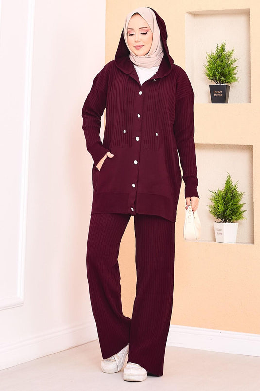 Ribbed Hooded Pocket Knitwear Hijab Suit Claret Red